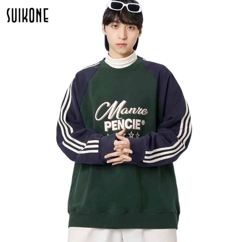 Suikone เสื้อกันหนาวแขนยาว คอกลม พิมพ์ลายตัวอักษร สไตล์เรโทร แฟชั่นอเมริกัน สําหรับผู้ชาย และผู้หญิง
