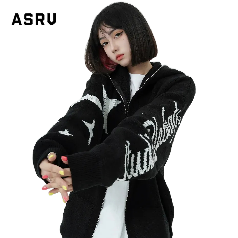 ASRV เสื้อสเวตเตอร์ถักแนวสตรีทย้อนยุคสไตล์อเมริกันมีฮู้ดแบบหลวมๆ ลำลองสำหรับคู่รัก