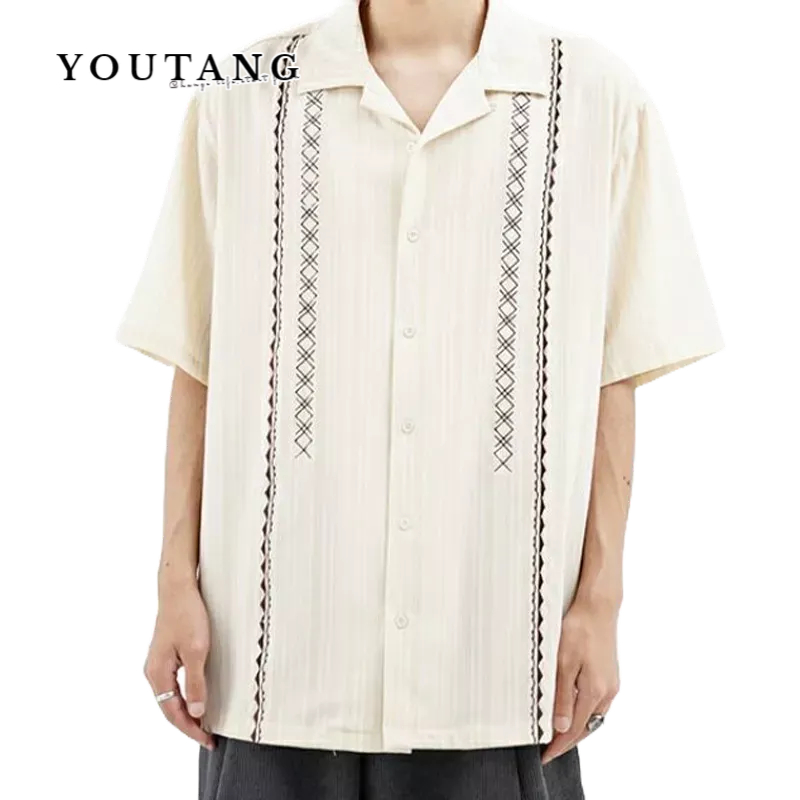 YOUTANG เสื้อเชิ้ตลายทาง American high street ruffian หล่อใหม่ปกชายและหญิงฤดูร้อนสไตล์ฮ่องกงแขนสั้นฮาวายน้ำขึ้นน้ำลง