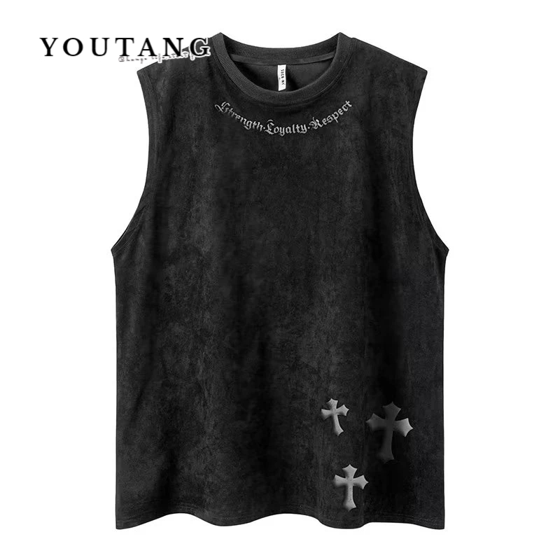 YOUTANG เสื้อยืดแขนกุด หนังนิ่ม พิมพ์ลายไม้กางเขน สไตล์ฮิปฮอป สตรีท อเมริกัน ย้อนยุค ของแท้ สําหรับผู้ชาย