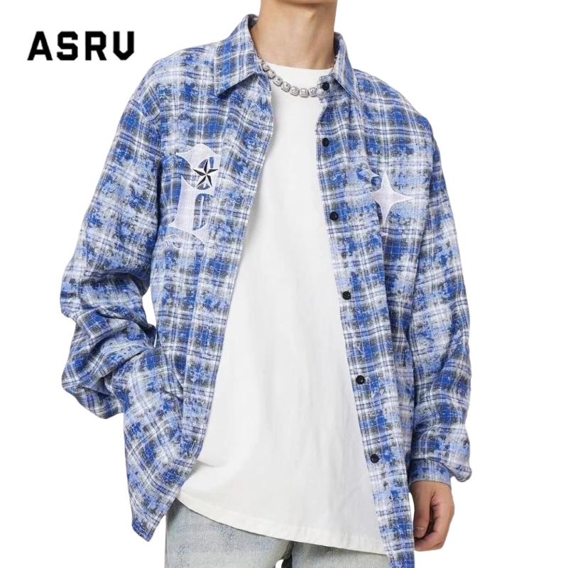 Asrv เสื้อเชิ้ตแขนยาว ลายสก๊อต สีฟ้า แฟชั่นฤดูใบไม้ผลิ และฤดูใบไม้ร่วง สไตล์อเมริกัน สตรีท สําหรับคู่รัก