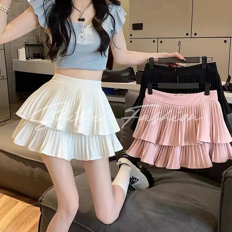 พร้อมส่ง กระโปรงทรงเอเอวสูง กระโปรงทรงเค้กจับจีบสไตล์เกาหลี กระโปรงเทนนิส มีชับใน สีพื้น