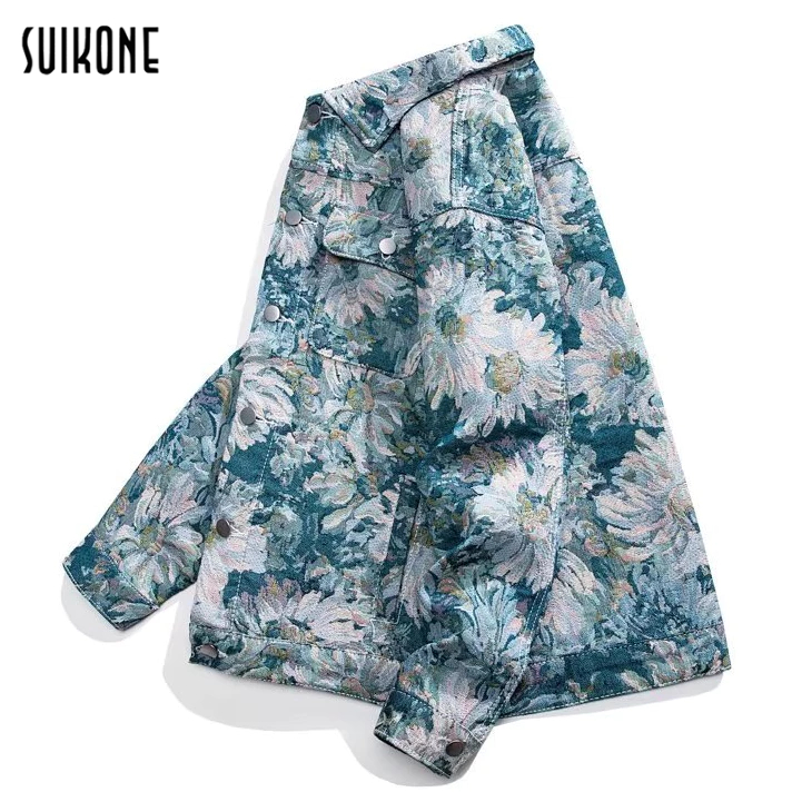 Suikone เสื้อแจ็กเก็ตยีนแขนยาวลําลอง พิมพ์ลาย สไตล์อเมริกัน แฟชั่นฤดูใบไม้ผลิ และฤดูใบไม้ร่วง สําหรับผู้ชาย และผู้หญิง