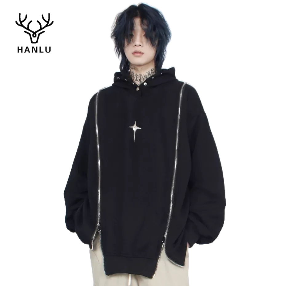 เสื้อกันหนาว มีฮู้ด แต่งซิปคู่ สีเมทัลลิก แฟชั่นฤดูใบไม้ร่วง สไตล์อเมริกัน สําหรับผู้ชาย และผู้หญิง