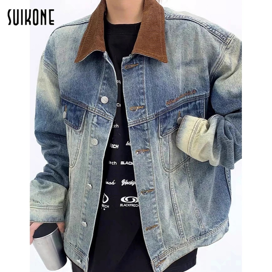 Suikone เสื้อแจ็กเก็ตยีน แขนยาว ทรงหลวม สไตล์เรโทร อเมริกัน แฟชั่นสําหรับผู้ชาย และผู้หญิง