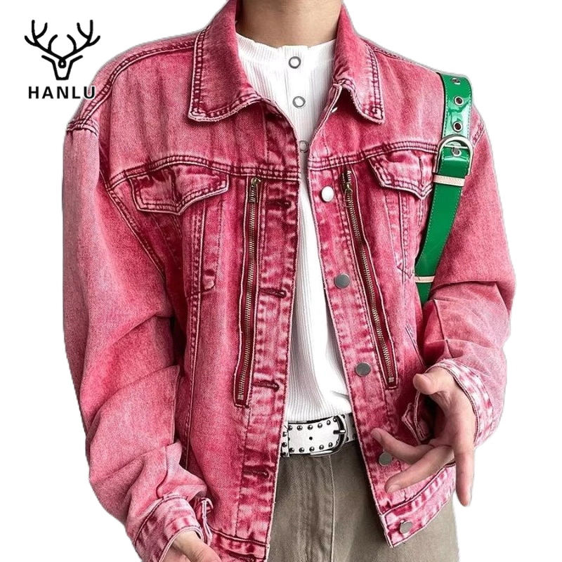 Hanlu เสื้อแจ็กเก็ตยีน คอปก ทรงหลวม สีชมพู สไตล์เรโทร สําหรับผู้ชาย และผู้หญิง