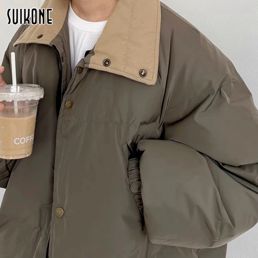 Suikone เสื้อแจ็กเก็ตลําลอง ทรงหลวม แบบหนา สีพื้น แฟชั่นฤดูหนาว สไตล์อเมริกัน สําหรับผู้ชาย และผู้หญิง