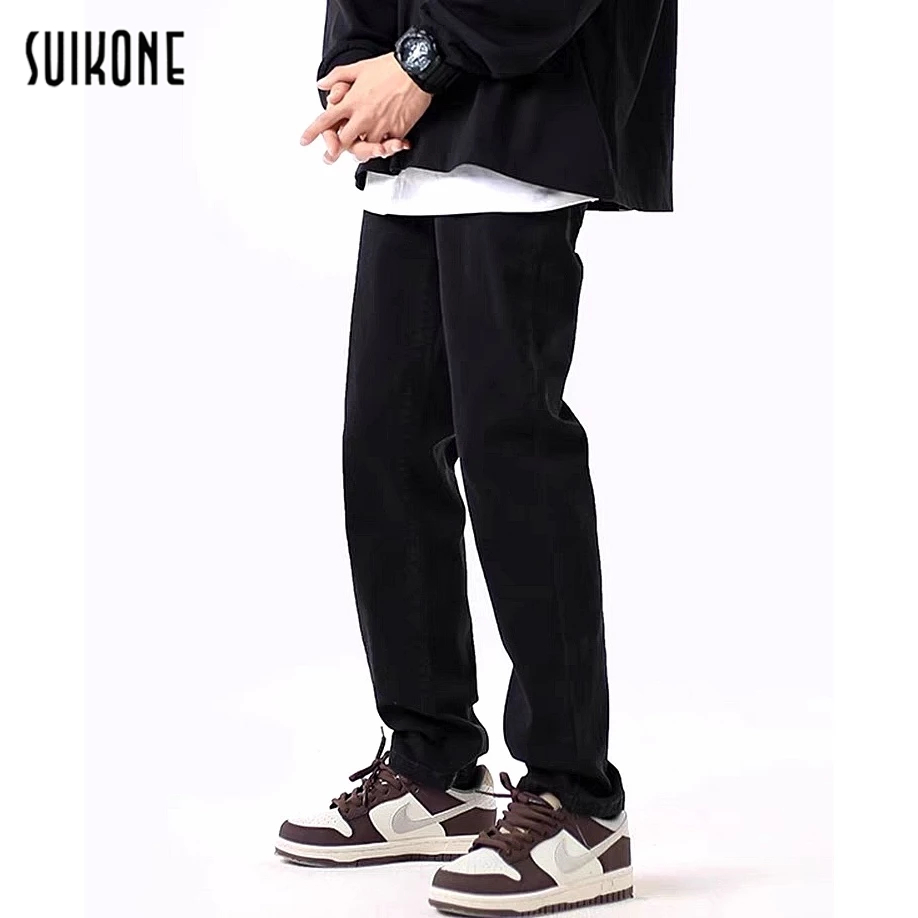 Suikone กางเกงยีนขายาวลําลอง ทรงหลวม สีพื้น สไตล์เกาหลี เรโทร เรียบง่าย แฟชั่นสําหรับผู้ชาย และผู้หญิง