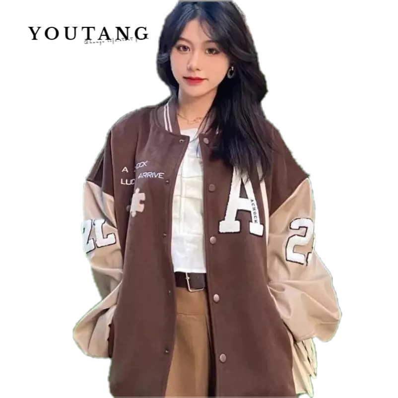 YOUTANG ชุดเบสบอล American Retro พิมพ์ลายแขนยาวคอวีฤดูใบไม้ร่วงสไตล์เกาหลีประกบสีตัดกันคาร์ดิแกนกระดุมแถวเดียวแจ็คเก็ตไซส์ใหญ่