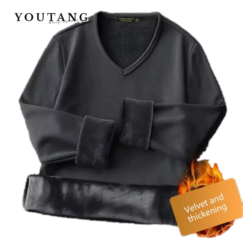 YOUTANG เสื้อยืดแขนยาว คอวี ผ้ากํามะหยี่ แบบหนา ให้ความอบอุ่น เข้ากับทุกการแต่งกาย แฟชั่นฤดูใบไม้ร่วง และฤดูหนาว สําหรับผู้ชาย