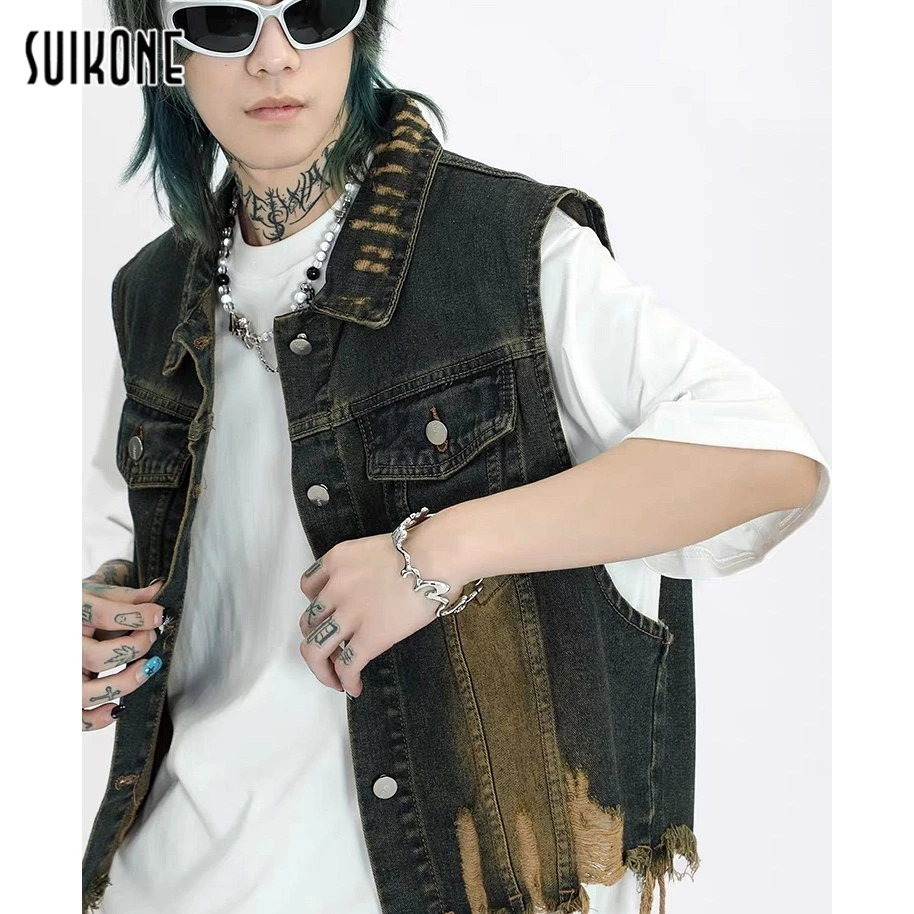 Suikone เสื้อกั๊กยีน แขนกุด แต่งรอยขาด สไตล์ฮิปฮอป เรโทร แฟชั่นสําหรับผู้ชาย และผู้หญิง