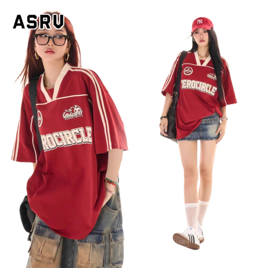 Asrv เสื้อยืดแขนสั้น ผ้าฝ้ายแท้ ทรงหลวม สีแดง แฟชั่นฤดูร้อน สําหรับผู้ชาย และผู้หญิง
