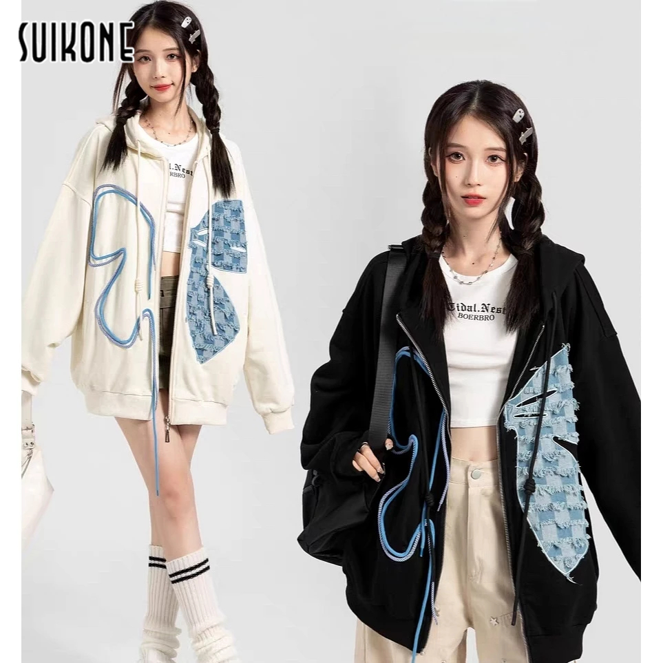 Suikone เสื้อแจ็กเก็ตแขนยาว มีฮู้ด ปักลายผีเสื้อ ทรงหลวม สไตล์ญี่ปุ่น แฟชั่นสําหรับผู้ชาย และผู้หญิง