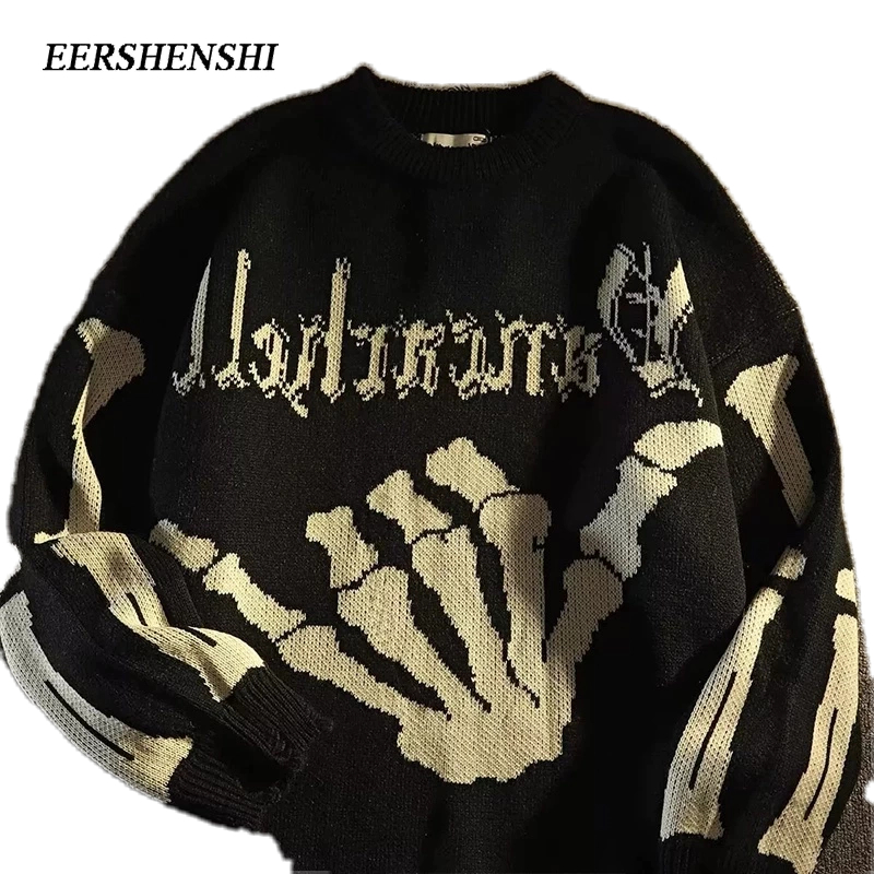 Eershenshi เสื้อกันหนาวลําลอง ผ้าถัก ทรงหลวม พิมพ์ลายฮาโลวีน สไตล์ยุโรป และอเมริกา เหมาะกับฤดูใบไม้ร่วง และฤดูหนาว สําหรับผู้ชาย