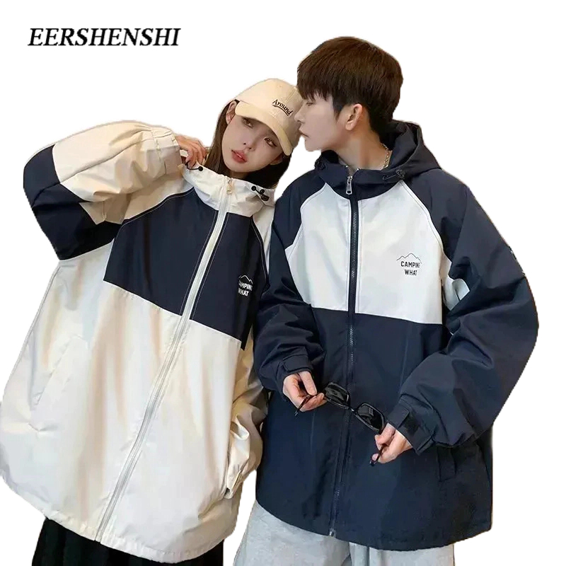EERSHENSHI เสื้อโค้ทผู้ชายฤดูใบไม้ผลิและฤดูใบไม้ร่วงบล็อกสีใหม่หลวมทุกวันมีฮู้ดคู่เสื้อแขนยาว