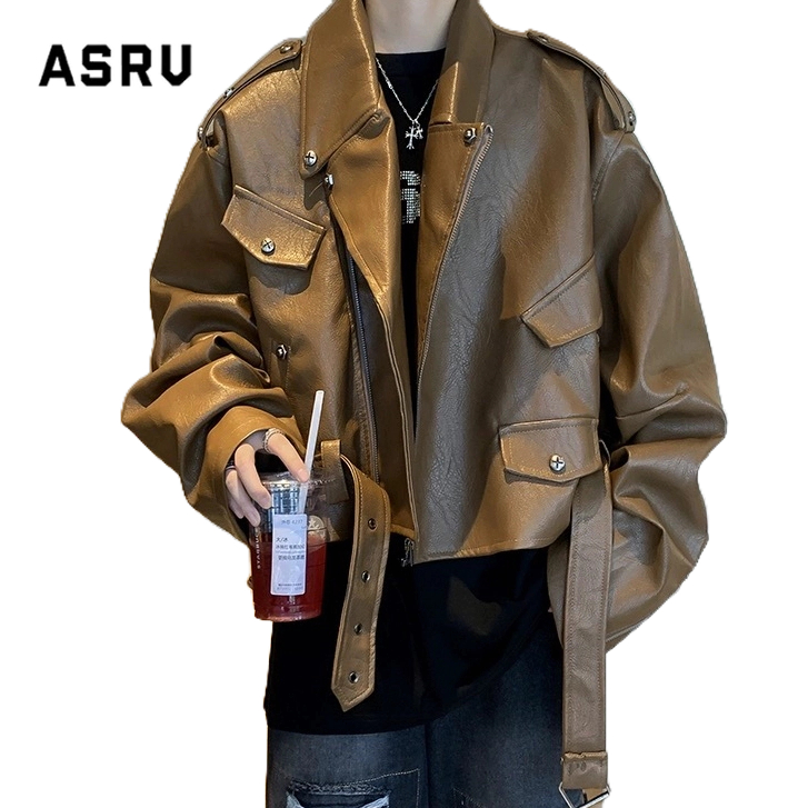 Asrv เสื้อแจ็กเก็ตหนัง สีน้ําตาล สไตล์ Maillard ฤดูใบไม้ร่วง สําหรับผู้ชาย และผู้หญิง