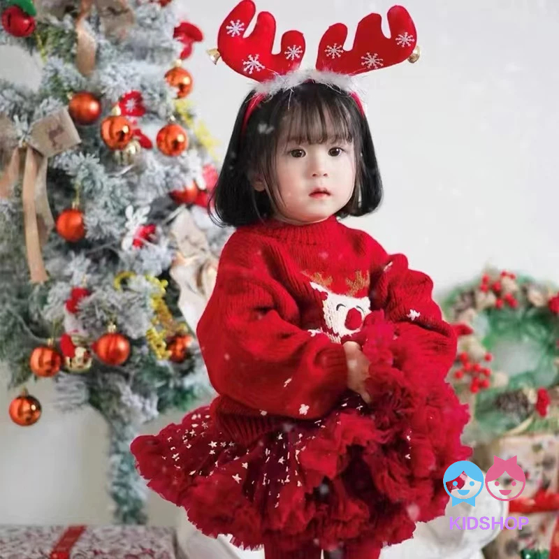 เสื้อกันหนาว คอกลม แบบสวมหัว พิมพ์ลายการ์ตูนคริสต์มาส สีแดง สไตล์เกาหลี แฟชั่นฤดูหนาว สําหรับเด็กผู้หญิง 2023