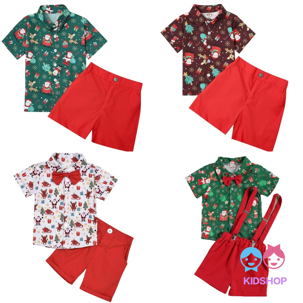ชุดเสื้อเชิ้ตแขนสั้น ลายซานต้าคลอส ผูกโบว์ สําหรับเด็กผู้ชาย