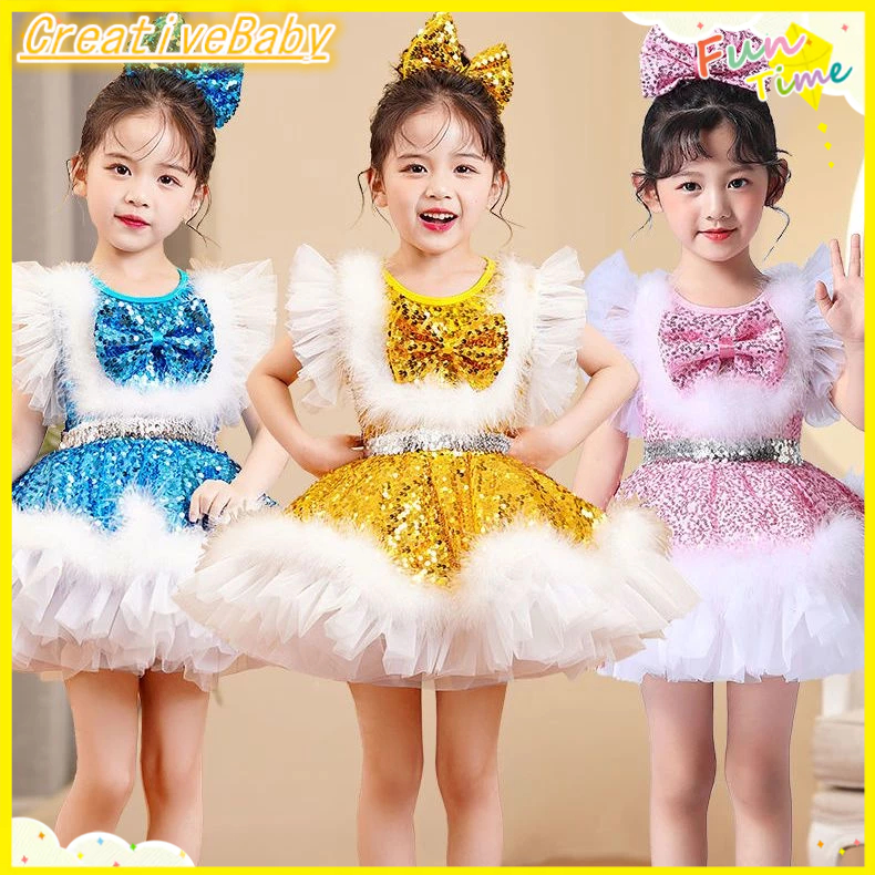 ((พร้อมส่ง เครื่องแต่งกายเต้นแจ๊ส) กระโปรงเจ้าหญิง ประดับเลื่อม สําหรับเด็กอนุบาล
