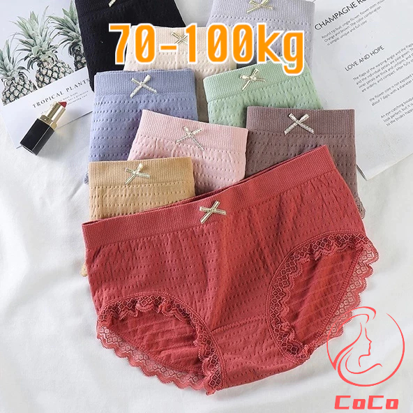 Plus size กางเกงในสาวอวบ ไซส์ใหญ่ ผู้หญิง แต่งขอบลูกไม้ สีพื้น เอวสูง สไตล์น่ารัก ,คนอ้วนใส่ได้ 50-100kg เนื้อผ้านิ่ม ใส่สบาย ชุดชั้นในไร้รอยต่อของผู้หญิงกลางเอวผ้าฝ้ายต้านเชื้อแบคทีเรียสร้างโบว์นักเรียนสไตล์เกาหลีขนาดใหญ่ฟองกางเกงกางเกง