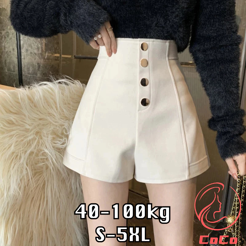 [ขนาดพลัส] (XS-4XL)กางเกงขาสั้น เอวสูง ทรงเอ กระดุมแถวเดียว ขนาดใหญ่ สีดํา สําหรับผู้หญิง