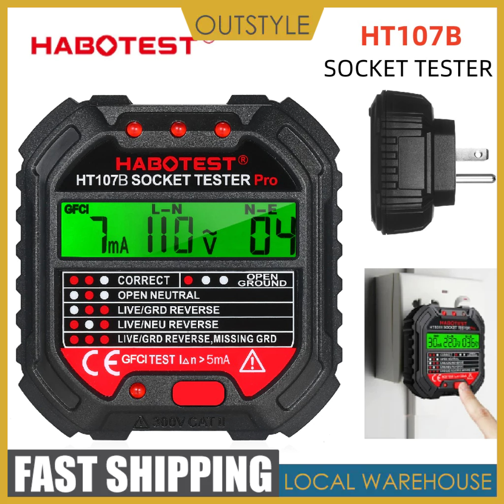 【การจัดส่งในพื้นที่】HABOTEST HT107B/ HT106B GFCI Socket Tester เครื่องทดสอบปลั๊กไฟ พร้อมจอแสดงแรงดันไฟฟ้า 48V-250V