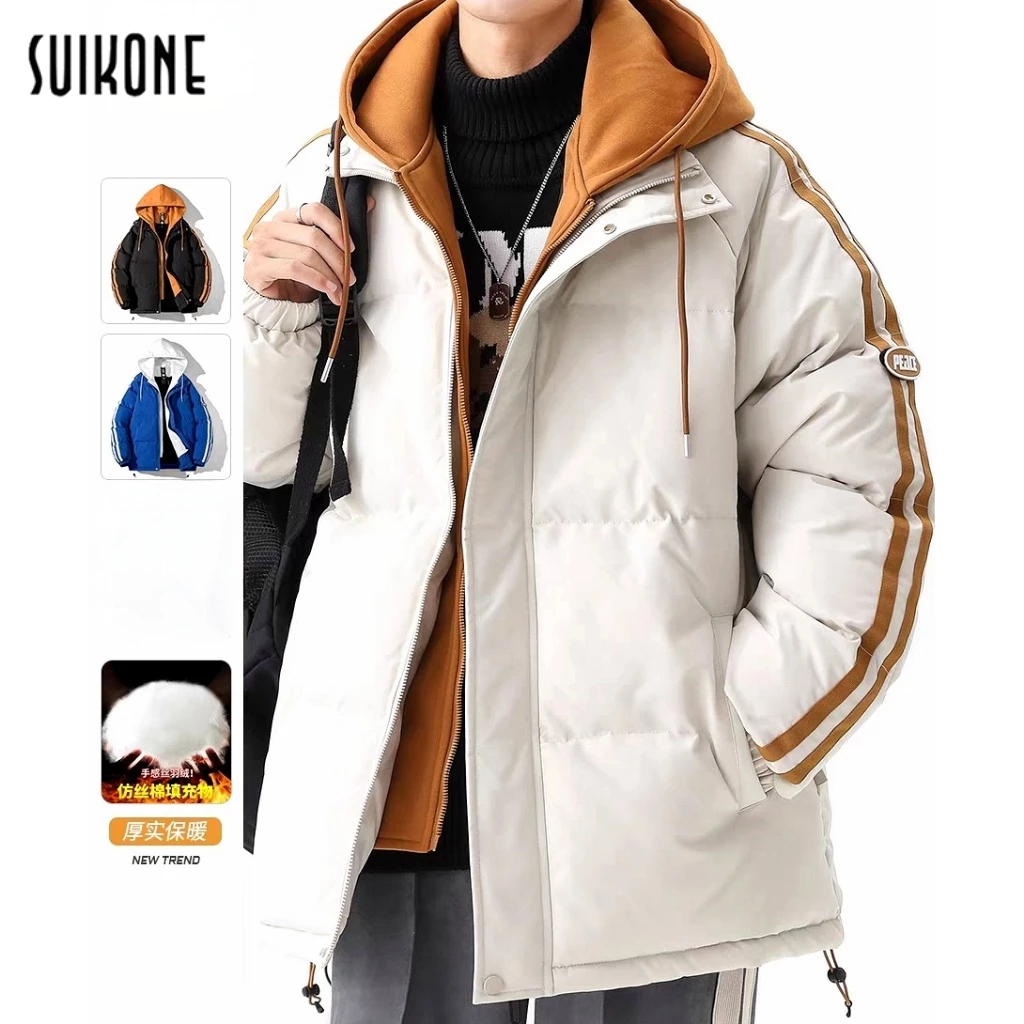 Suikone เสื้อแจ็กเก็ตลําลอง แบบหนา มีฮู้ด ทรงหลวม ให้ความอบอุ่น แฟชั่นเรโทร สไตล์อเมริกัน สําหรับผู้ชาย และผู้หญิง