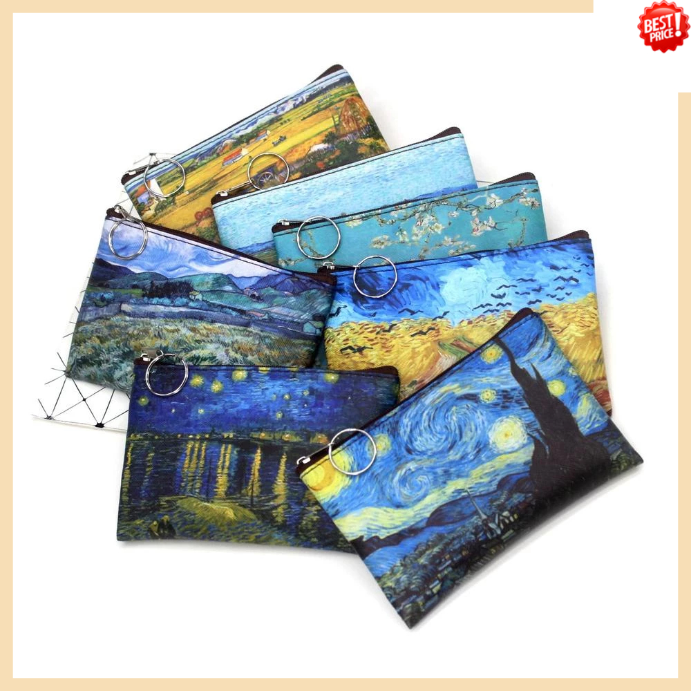 กระเป๋าสตางค์ ผ้าแคนวาส ลายภาพวาดสีน้ํามัน Van Gogh Art Sunflower Star Moon สไตล์วินเทจ เหมาะกับการเดินทาง