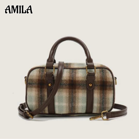 Amila ใหม่ กระเป๋าสะพายไหล่ ผ้าขนสัตว์ แบบพกพา สไตล์เกาหลี เรโทร ความจุสูง สําหรับผู้หญิง