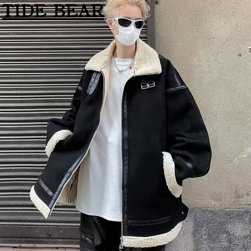 Tide BEAR ใหม่ เสื้อแจ็กเก็ต หนังแกะ ผ้าฝ้าย แบบหนา ให้ความอบอุ่น แฟชั่นสไตล์อเมริกันเรโทร สําหรับผู้ชาย