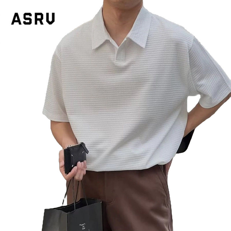 ASRV เสื้อโปโล แขนสั้นผู้ชายแบรนด์อินเทรนด์ ins เวอร์ชั่นเกาหลีของเสื้อโปโลแขนสั้นผ้าไหมน้ำแข็งเฉพาะวาฟเฟิล