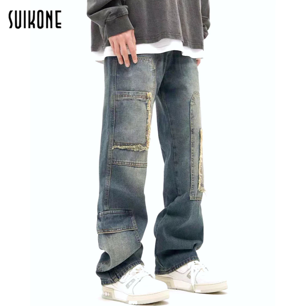 Suikone กางเกงยีนขายาวลําลอง ทรงหลวม สไตล์ฮิปฮอป เรโทร แฟชั่นสําหรับผู้ชาย และผู้หญิง