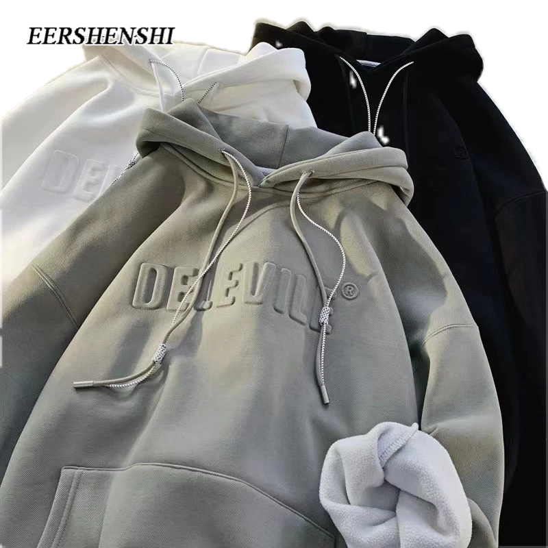 Eershenshi เสื้อกันหนาวลําลอง มีฮู้ด พิมพ์ลาย ทรงหลวม สไตล์เรโทร เหมาะกับฤดูใบไม้ร่วง และฤดูหนาว สําหรับผู้ชาย