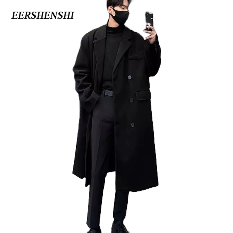 Eershenshi ชายเสื้อกันลมเกาหลีรุ่นพรีเมี่ยมรู้สึกกลางยาวคู่เหนือเข่าเสื้อโค้ท
