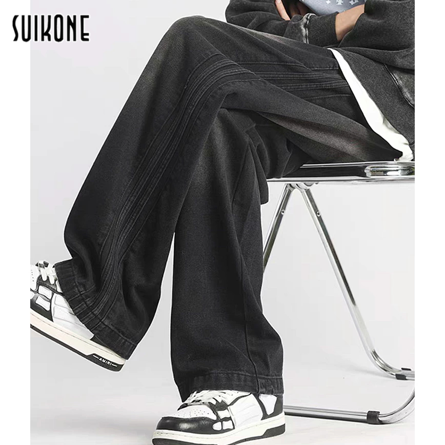 Suikone กางเกงยีนขายาวลําลอง ผ้ากํามะหยี่ ทรงหลวม ให้ความอบอุ่น สไตล์เรโทร อเมริกัน แฟชั่นฤดูใบไม้ร่วง ฤดูหนาว สําหรับผู้ชาย และผู้หญิง