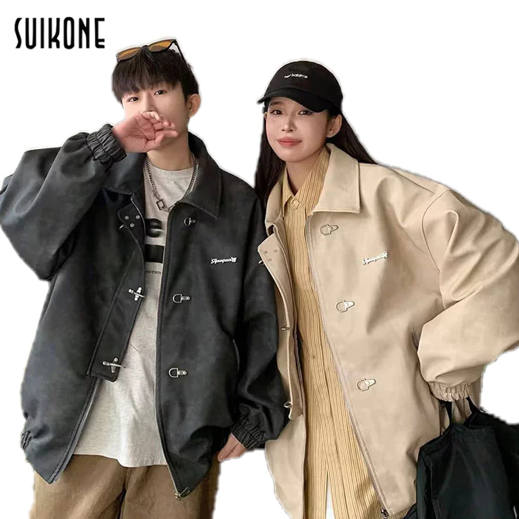 Suikone แฟชั่นใหม่ อเมริกันย้อนยุค สไตล์ฮิปฮอป หนังกลับ หลวม ลําลอง สไตล์ unisex เสื้อแจ็กเก็ต แขนยาว ใส่ได้ทั้งชายและหญิง