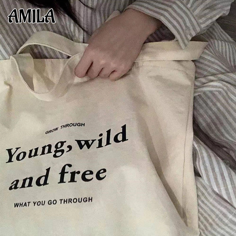 Amila กระเป๋าผ้าแคนวาส สไตล์เกาหลี ญี่ปุ่น เรียบง่าย ความจุขนาดใหญ่ สําหรับผู้หญิง นักเรียน