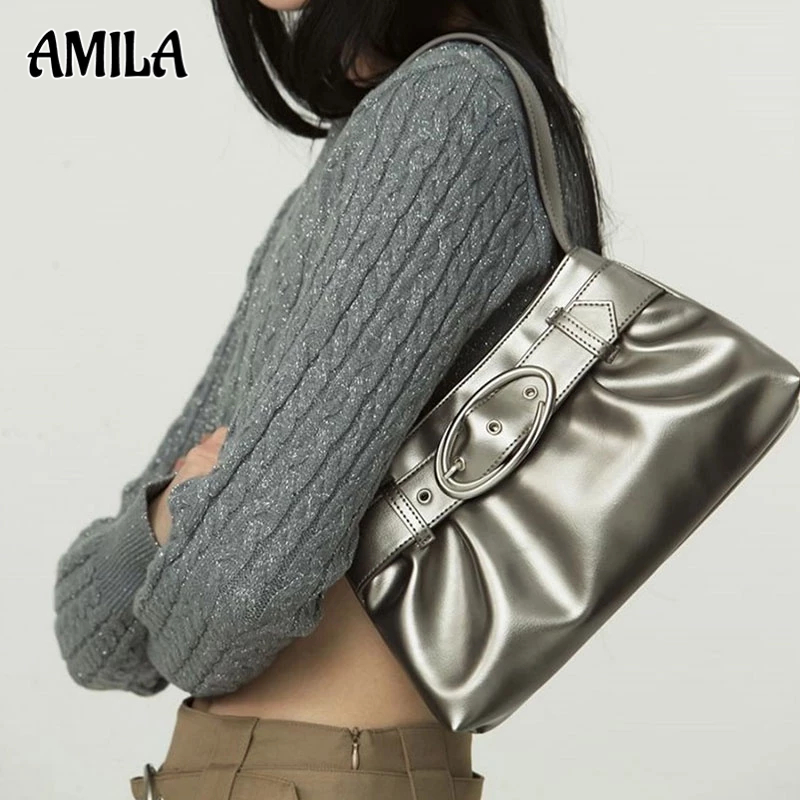 AMILA y2k กระเป๋าสะพายแฟชั่นสาวร้อน 2023 ใหม่บุคลิกภาพพับหนังหัวเข็มขัดใต้วงแขนกระเป๋า