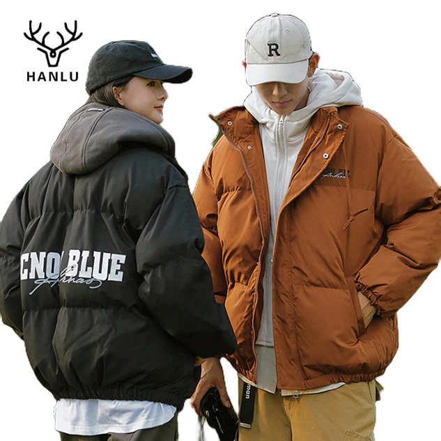 Hanlu เสื้อโค้ทแจ็กเก็ตลําลอง ผ้าฝ้าย แบบหนา พิมพ์ลายตัวอักษร สองชิ้น สีพื้น แฟชั่นฤดูหนาว สไตล์อเมริกัน สําหรับสตรี