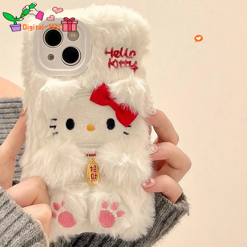 เคสโทรศัพท์มือถือ ผ้ากํามะหยี่ขนนิ่ม ลายเฮลโลคิตตีนําโชค สําหรับ Apple 15 14 13 12 11 14ProMax 13 12 XS 8P 7 5S