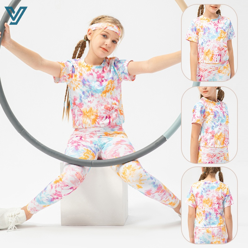 เสื้อยืดแขนสั้น คอกลม พิมพ์ลาย เหมาะกับใส่เต้นรํา เล่นโยคะ ฟิตเนส สําหรับเด็กผู้หญิง 5-12 ปี