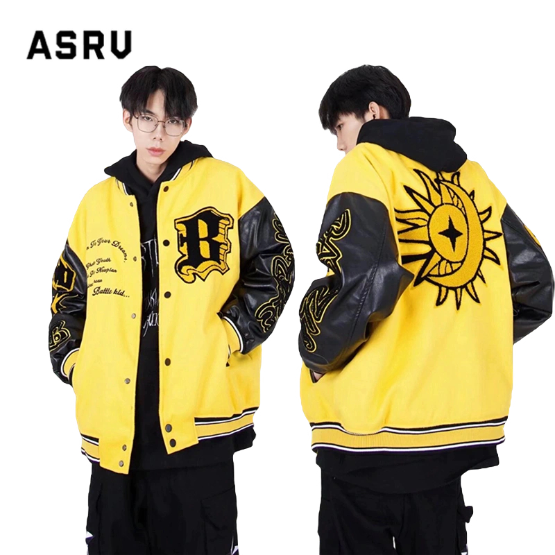 Asrv เสื้อแจ็กเก็ตเบสบอล ปักลายดวงอาทิตย์ ดวงจันทร์ และดาว สไตล์ฮิปฮอป เรโทร สีตัดกัน