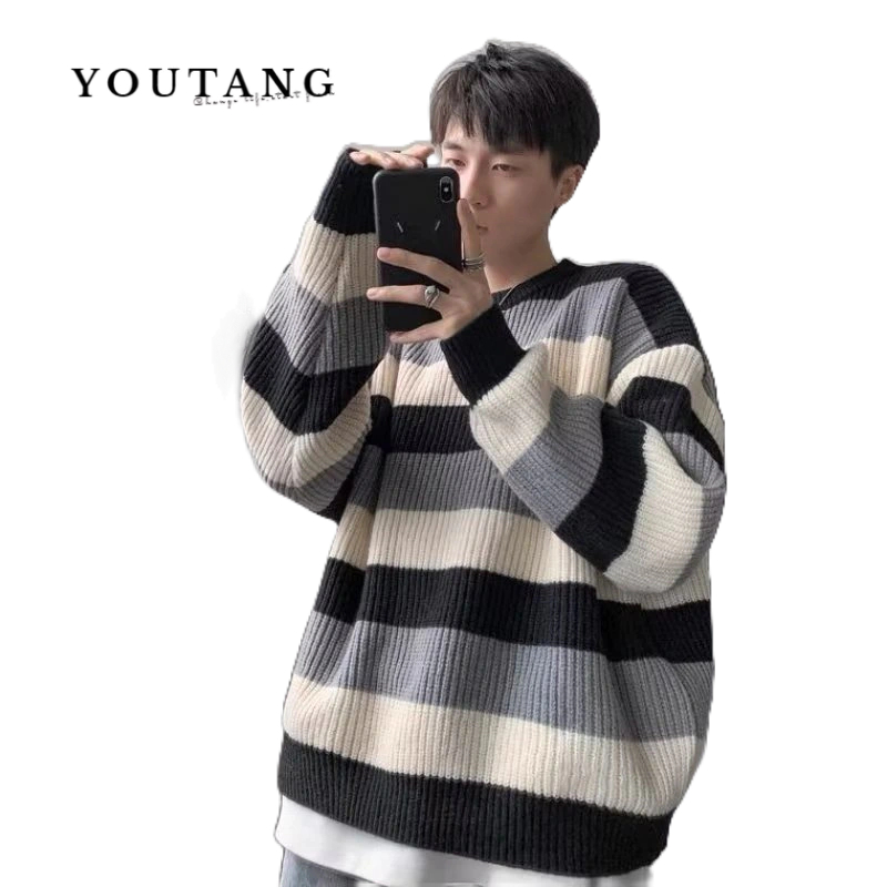 YOUTANG เสื้อกันหนาว คอกลม แบบสวมหัว ลายทาง แบบหนา แฟชั่นฤดูใบไม้ร่วง และฤดูหนาว สไตล์เกาหลี และญี่ปุ่น สําหรับผู้ชาย