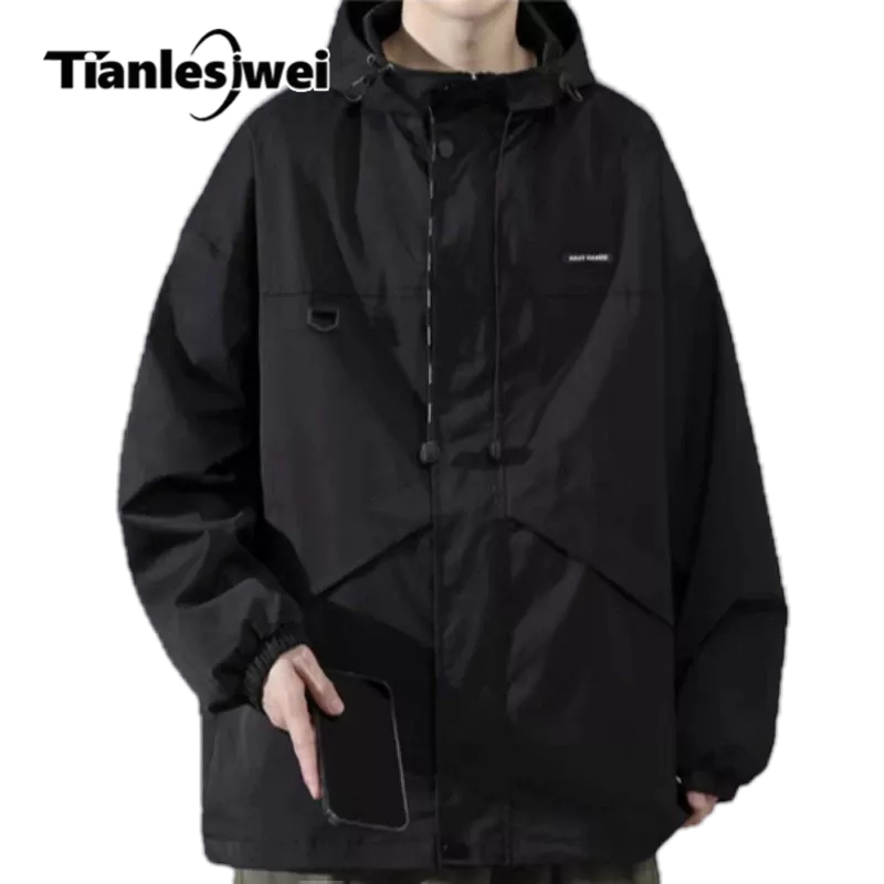 TIANLESIWEI เสื้อแจ็กเก็ตแขนยาว ผ้าไฟเบอร์ กันน้ํา กันลม แต่งซิป สีพื้น คุณภาพสูง แฟชั่นสําหรับผู้ชาย