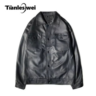 TIANLESIWEI เสื้อแจ็กเก็ตหนังลําลอง คอปก ทรงหลวม สีดํา แฟชั่…