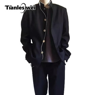 TIANLESIWEI เสื้อแจ็กเก็ตสูท คอปกตั้ง สีดํา แฟชั่นสําหรับผู้…