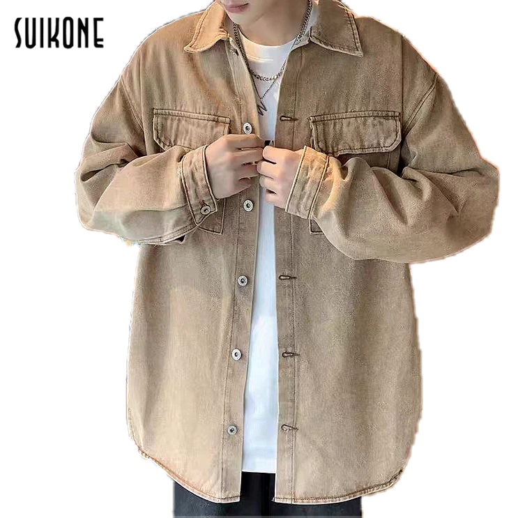 Suikone ใหม่ เสื้อแจ็กเก็ตยีน ลําลอง ทรงหลวม คุณภาพสูง สีพื้น สไตล์ญี่ปุ่น ฮาราจูกุ เรโทร แฟชั่นสําหรับผู้ชาย