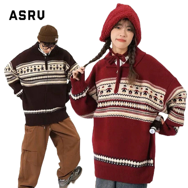 Asrv เสื้อกันหนาวโปโล ผ้าถัก สีแดง สไตล์เรโทร แฟชั่นฤดูใบไม้ร่วง และฤดูหนาว สําหรับผู้ชาย และผู้หญิง