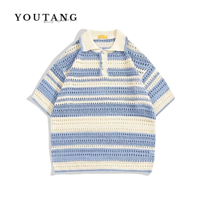 YOUTANG เสื้อกันหนาวลําลอง คอปก ทรงหลวม ลายทาง หลากสี สไตล์อเมริกันเรโทร แฟชั่นฤดูใบไม้ผลิ และฤดูร้อน