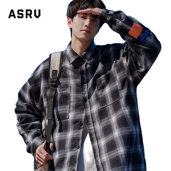 Asrv ฤดูใบไม้ผลิใหม่สีดําแขนยาวสไตล์เกาหลีเสื้อบางสไตล์ฮ่องกงหลวมเยาวชนเสื้อลายสก๊อต